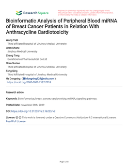 Bioinformatic Analysis of Peripheral Blood Mirna of Breast Cancer Patients in Relation with Anthracycline Cardiotoxicity