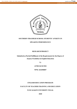 SOUTHERN THAI HIGH SCHOOL STUDENTS' ANXIETY in SPEAKING PERFORMANCE RESEARCH PROJECT Submitted As Partial Fulfillment of The