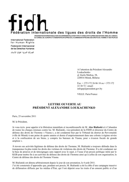 Lettre Ouverte Au Président Alexandre Loukachenko