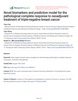 Novel Biomarkers and Prediction Model for the Pathological Complete Response to Neoadjuvant Treatment of Triple-Negative Breast Cancer