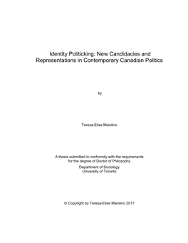 Identity Politicking: New Candidacies and Representations in Contemporary Canadian Politics