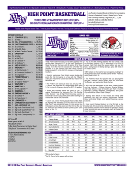 HIGH POINT BASKETBALL Women’S Basketball Contact | Steele Sports Center One University Parkway | High Point, N.C