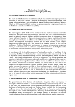 Medium-Term Strategic Plan of the Institute of Philosophy (2020–2023) 1A) Analysis of the External Environment the Situation