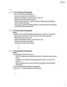 8/21/16 1 I. the Unhealthy Chesapeake • Life in the American