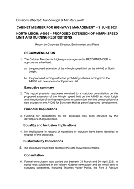 North Leigh: A4095 – Proposed Extension of 40Mph Speed Limit and Turning Restrictions