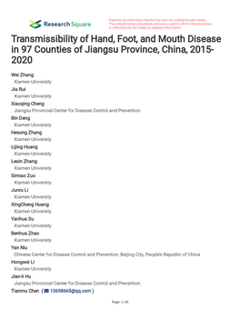 Transmissibility of Hand, Foot, and Mouth Disease in 97 Counties of Jiangsu Province, China, 2015- 2020