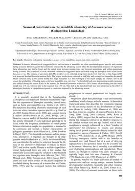 Seasonal Constraints on the Mandible Allometry of Lucanus Cervus (Coleoptera: Lucanidae)