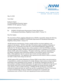 AHAM Comments on DOE’S NOPR for Energy Conservation Standards for Residential Dishwashers; Docket No