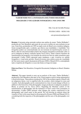 Nair Benedicto E a Fotografia Dos Índios Molhados - Oralidade E Visualidade Fotográfica Nos Anos 1980