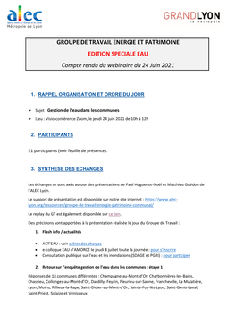 GROUPE DE TRAVAIL ENERGIE ET PATRIMOINE EDITION SPECIALE EAU Compte Rendu Du Webinaire Du 24 Juin 2021