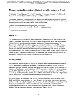 Measurements of Translation Initiation from All 64 Codons in E. Coli