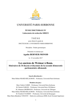 UNIVERSITÉ PARIS-SORBONNE Les Anciens De Weimar À Bonn