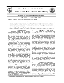 Biodiversity and Biogeography of Praying Mantids in Sindh NM S