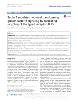 Beclin 1 Regulates Neuronal Transforming Growth Factor-Β Signaling by Mediating Recycling of the Type I Receptor ALK5 Caitlin E