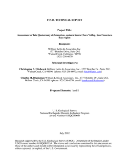 FINAL TECHNICAL REPORT Project Title: Assessment of Late Quaternary