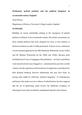 Parliament, Printed Petitions and the Political Imaginary in Seventeenth-Century England