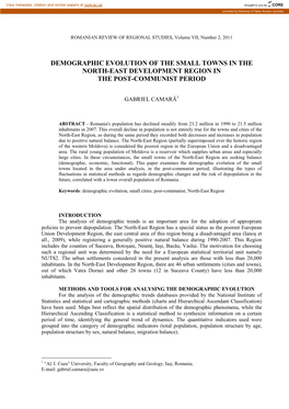 Demographic Evolution of the Small Towns in the North-East Development Region in the Post-Communist Period