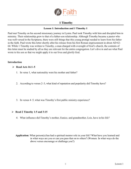 Lesson 1: Introduction and 1 Timothy 1 Paul Met Timothy on His Second Missionary Journey in Lystra