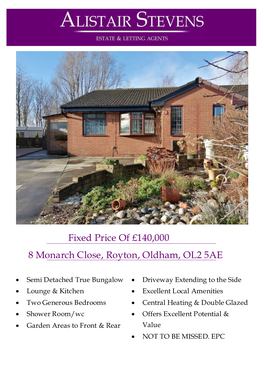 Fixed Price of £140,000 8 Monarch Close, Royton, Oldham, OL2