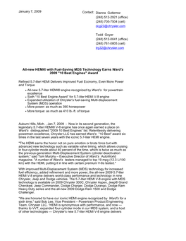 All-New HEMI® with Fuel-Saving MDS Technology Earns Ward's 2009 "10 Best Engines" Award