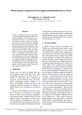 Observational Comparison of Geo-Tagged and Randomly-Drawn Tweets