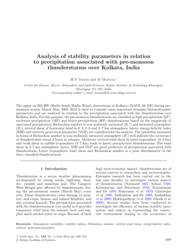 Analysis of Stability Parameters in Relation to Precipitation Associated with Pre-Monsoon Thunderstorms Over Kolkata, India