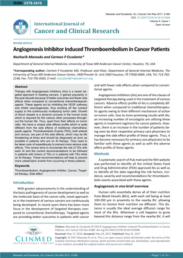 Angiogenesis Inhibitor Induced Thromboembolism in Cancer Patients Neeharik Mareedu and Carmen P Escalante*