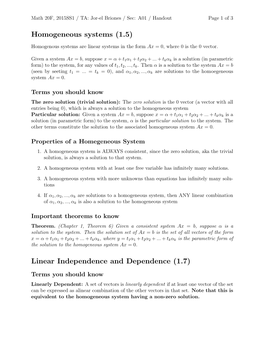 Homogeneous Systems (1.5) Linear Independence and Dependence (1.7)