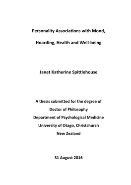 Personality Associations with Mood, Hoarding, Health and Well-Being Janet Katherine Spittlehouse