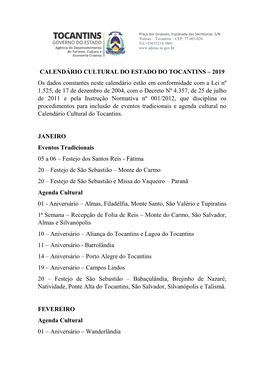 Calendário Cultural Do Estado Do Tocantins