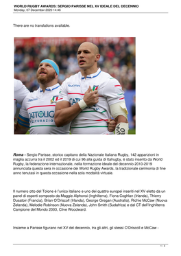 WORLD RUGBY AWARDS: SERGIO PARISSE NEL XV IDEALE DEL DECENNIO Monday, 07 December 2020 14:46