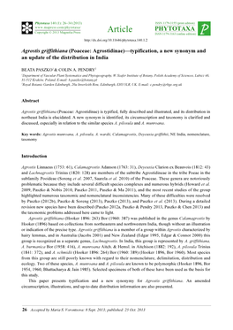 Agrostis Griffithiana (Poaceae: Agrostidinae)—Typification, a New Synonym and an Update of the Distribution in India