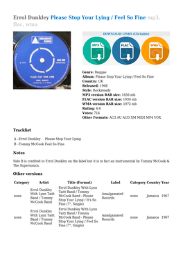 Errol Dunkley Please Stop Your Lying / Feel So Fine Mp3, Flac, Wma