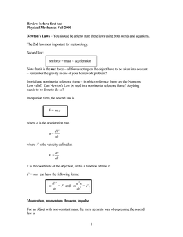 1 Review Before First Test Physical Mechanics Fall 2000 Newton's Laws