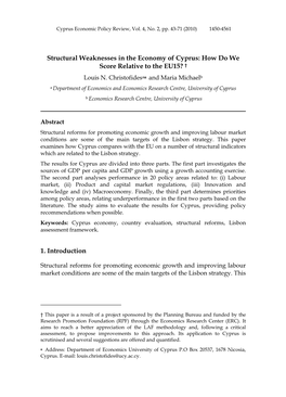 Structural Weaknesses in the Economy of Cyprus: How Do We Score Relative to the EU15? † 1. Introduction