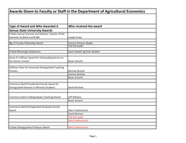 Awards Given to Faculty Or Staff in the Department of Agricultural Economics