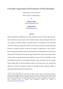 Left-Right Categorization and Perceptions of Party Ideologies1