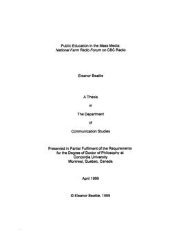 Nafional Fann Radio Forum on CBC Radio Eleanor Beattie a Thesis the Department Communication Studies Presented in Partial Fulfil