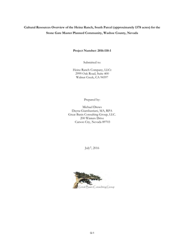 Cultural Resources Overview of the Heinz Ranch, South Parcel (Approximately 1378 Acres) for the Stone Gate Master Planned Community, Washoe County, Nevada