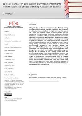 Judicial Mandate in Safeguarding Environmental Rights from the Adverse Effects of Mining Activities in Zambia