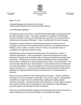 March 21, 2011 a Special Message from Governor Rick Snyder: Community Development and Local Government Reforms to the Michigan