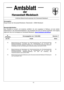 61 Amtliches Bekanntmachungsorgan Der Hansestadt Medebach Herausgeber: Bürgermeister Der Hansestadt Medebach, Österstraße 1