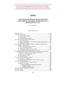 The Future of Medical Device Patents: Categorical Exclusion After Ebay, Inc. V. Mercexchange, L.L.C. Final Page Numbers May Diff