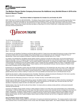 The Madison Square Garden Company Announces Six Additional Jerry Seinfeld Shows in 2019 at the Historic Beacon Theatre