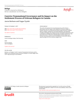 Coercive Transnational Governance and Its Impact on the Settlement Process of Eritrean Refugees in Canada Aaron Berhane and Vappu Tyyskä