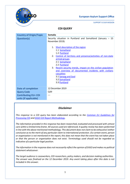 Somalia Question(S) Security Situation in Puntland and Somaliland (January – 15 November 2019)