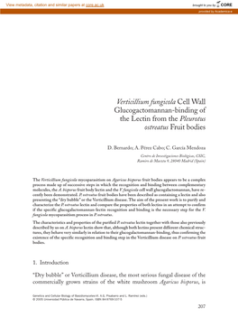 Verticillium Fungicola Cell Wall Glucogactomannan-Binding of the Lectin from the Pleurotus Ostreatus Fruit Bodies
