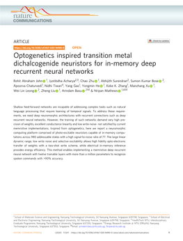 Optogenetics Inspired Transition Metal Dichalcogenide Neuristors for In-Memory Deep Recurrent Neural Networks