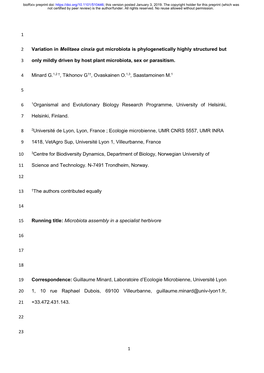 1 1 Variation in Melitaea Cinxia Gut Microbiota Is Phylogenetically