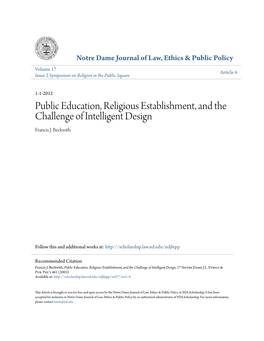 Public Education, Religious Establishment, and the Challenge of Intelligent Design Francis J